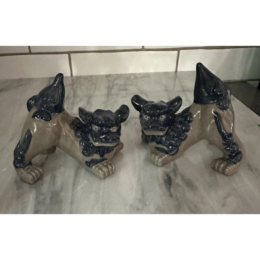 VINTAGE JAPANESE SATSUMA Blue Gray Clay FOO DOGS PAIR Protection Lucky